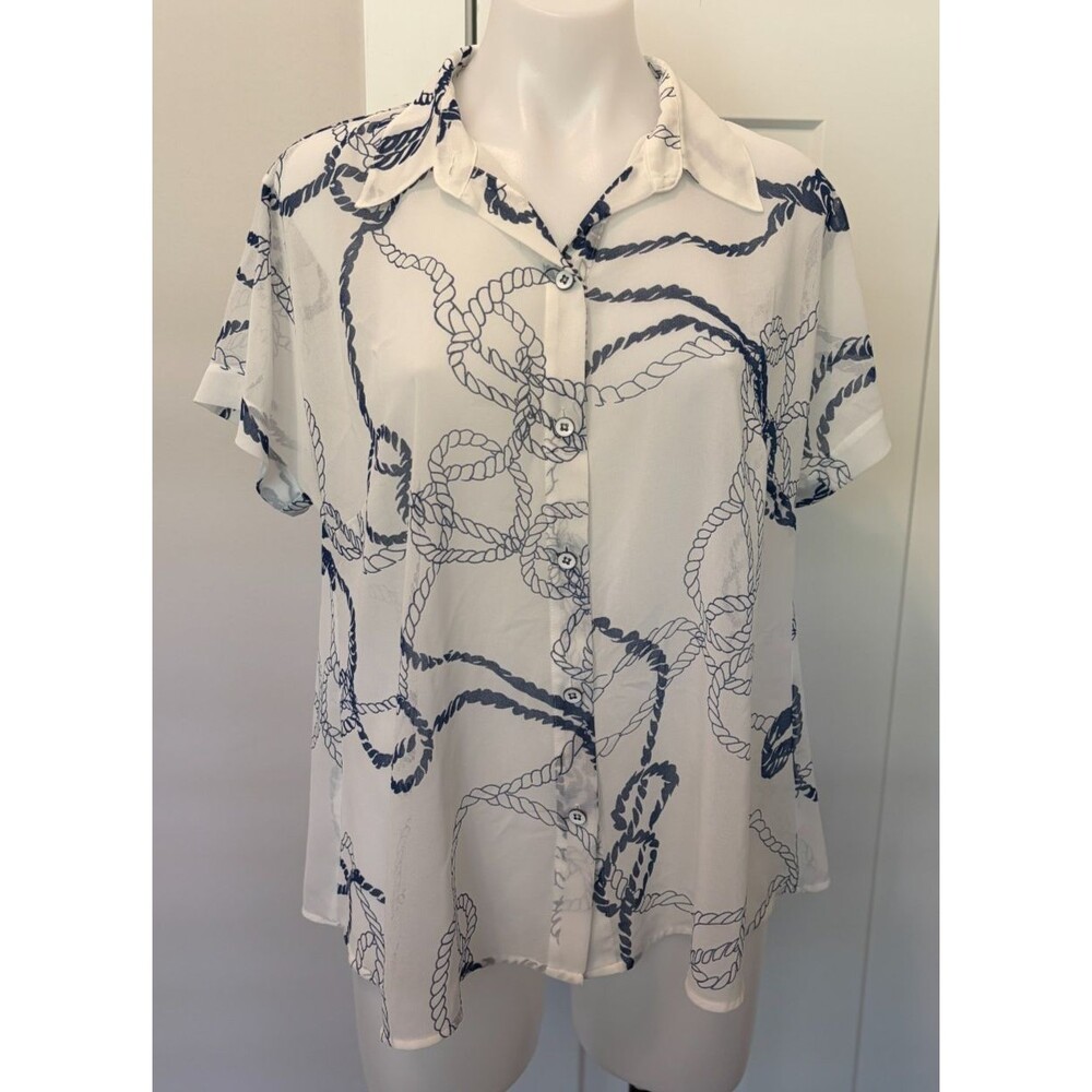 CABI Womens TOP Short Sleeve WHITE Blue Rope #5229 Size M
